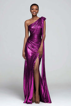Sparkly Gold Metallic One Shoulder Ruched Long Formal Dress with Slit