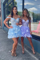 Load image into Gallery viewer, Sparkly A Line Off the Shoulder Lilac Corset Homecoming Dress with Tiered Lace