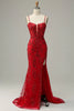 Load image into Gallery viewer, Red Spaghetti Straps Appliques Prom Dress with Slit