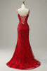 Load image into Gallery viewer, Red Spaghetti Straps Appliques Prom Dress with Slit
