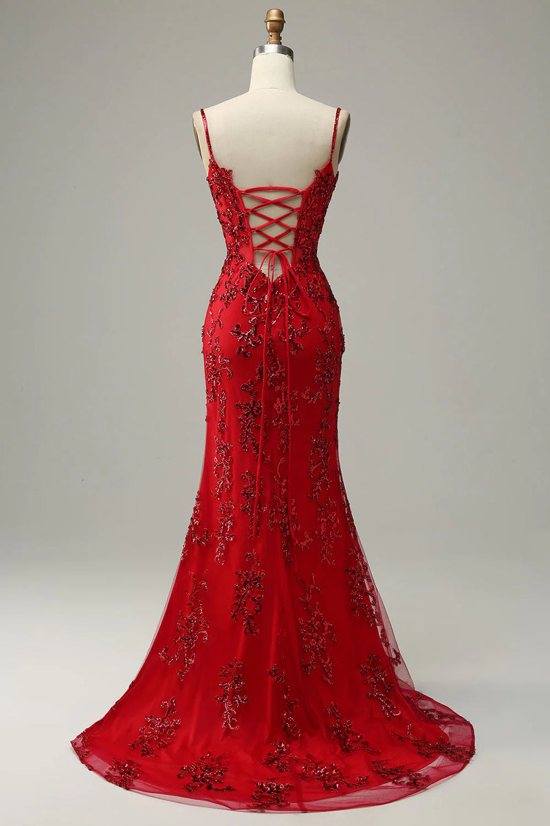 Load image into Gallery viewer, Red Spaghetti Straps Appliques Prom Dress with Slit