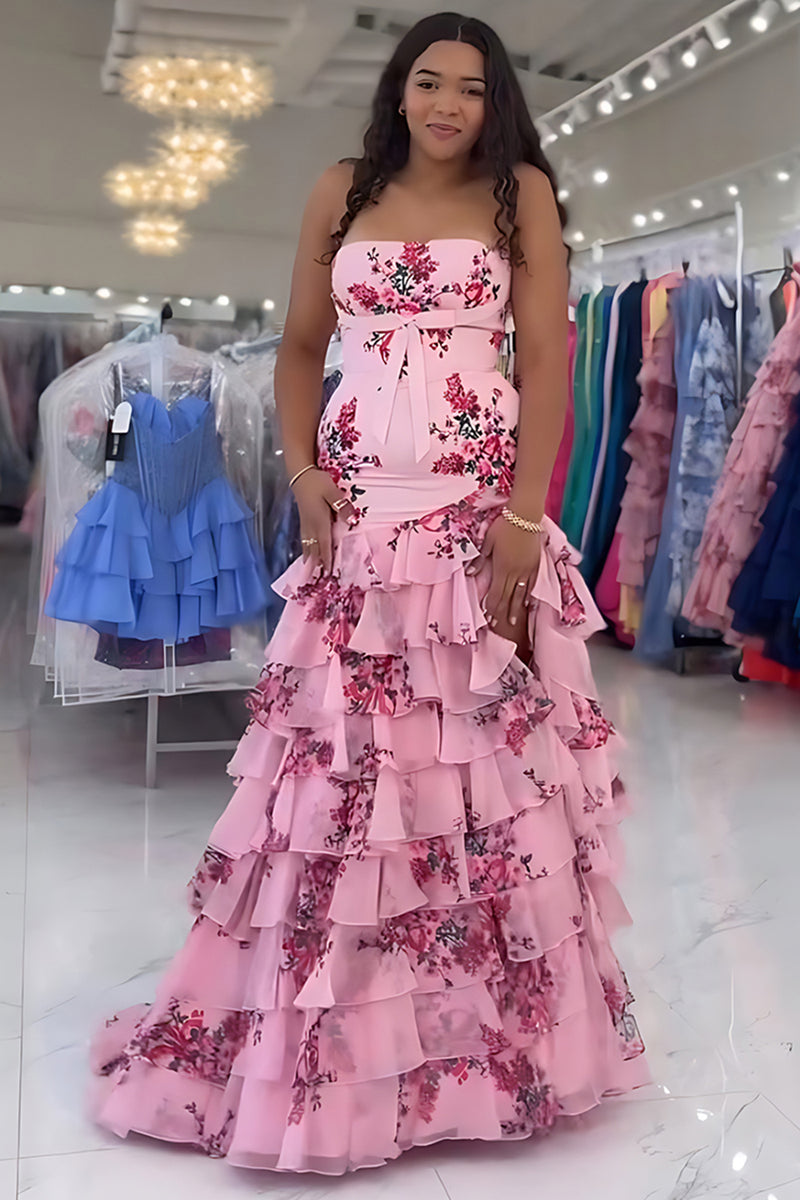 Load image into Gallery viewer, Floral Green Mermaid Tiered Strapless Long Prom Dress with Slit