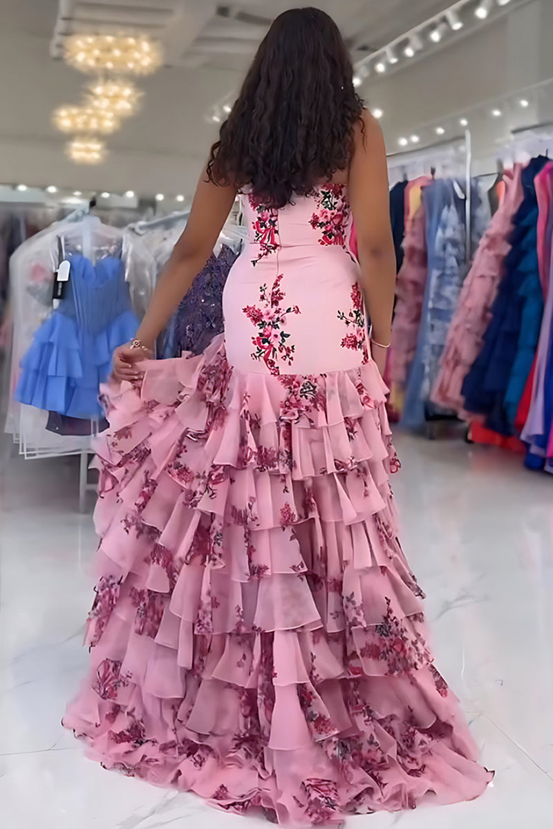 Load image into Gallery viewer, Floral Green Mermaid Tiered Strapless Long Prom Dress with Slit