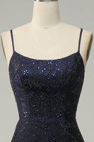 Load image into Gallery viewer, Navy Spaghetti Straps Beaded Mermaid Prom Dress with Slit
