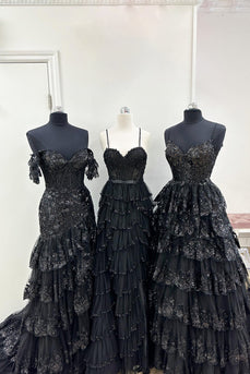Glitter Black A-Line Lace Long Prom Dress with Slit