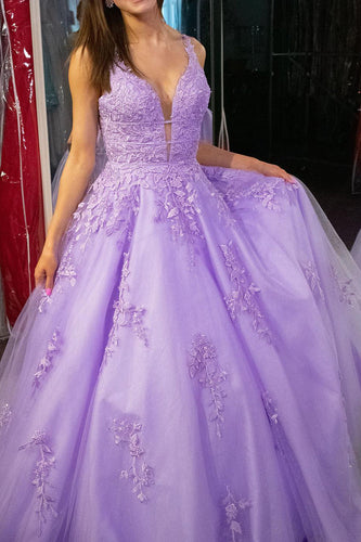 Elegant Lavender A Line Long Prom Dress With Appliques