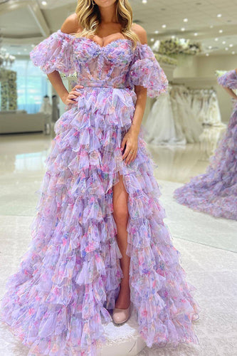 Purple Tulle Long Corset Tiered Prom Dress With Slit