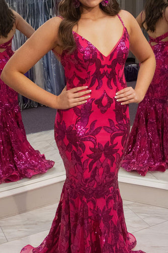 Hot Pink Mermaid V Neck Backless Long Prom Dress With Appliques