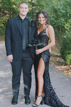 Sparkly Black Mermaid Long Mirror Prom Dress With Slit