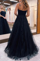Load image into Gallery viewer, Black A-Line Tulle Long Prom Dress with Lace