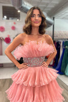 Load image into Gallery viewer, Glitter Blush A-Line Beaded Long Tulle Tiered Prom Dress with Ruffles