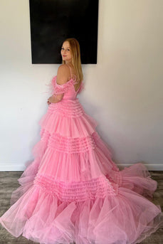 Glitter Pink Spaghetti Straps Tiered Appliques Long Prom Dress with Slit