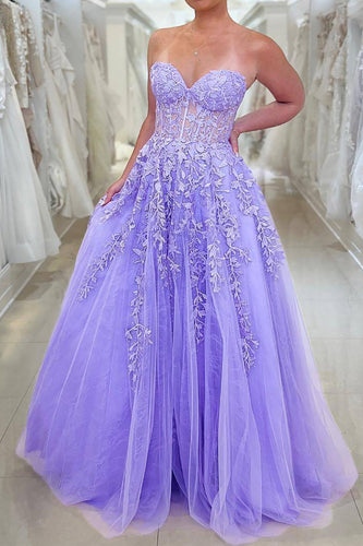 Elegant Purple Strapless Long Corset Prom Dress With Appliques