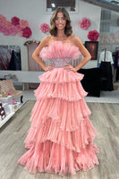 Load image into Gallery viewer, Glitter Blush A-Line Beaded Long Tulle Tiered Prom Dress with Ruffles