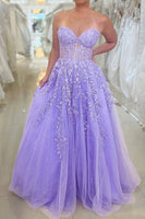 Load image into Gallery viewer, Elegant Purple Strapless Long Corset Prom Dress With Appliques