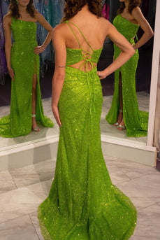 Sparkly Green Sequins Mermaid One Shoulder Long Prom Dress With Slit