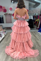 Load image into Gallery viewer, Glitter Blush A-Line Beaded Long Tulle Tiered Prom Dress with Ruffles