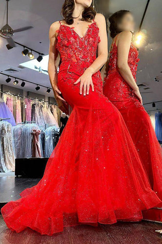 Red Mermaid Long Corset Prom Dress With Appliques