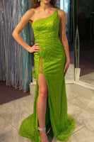 Load image into Gallery viewer, Sparkly Green Sequins Mermaid One Shoulder Long Prom Dress With Slit