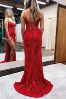 Load image into Gallery viewer, Red Spaghetti Straps Appliques Prom Dress with Slit