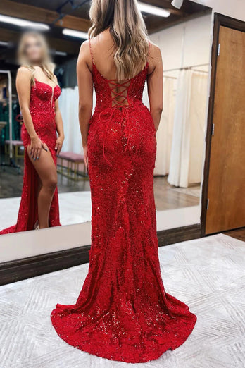 Red Spaghetti Straps Appliques Prom Dress with Slit