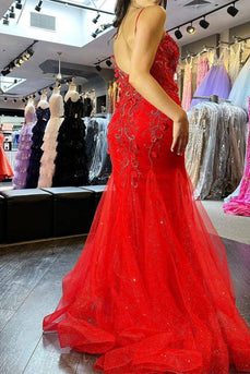 Red Mermaid Long Corset Prom Dress With Appliques