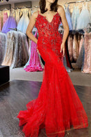 Load image into Gallery viewer, Red Mermaid Long Corset Prom Dress With Appliques
