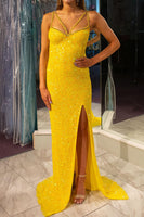 Load image into Gallery viewer, Sparkly Yellow Sheath Long Prom Dress With Slit