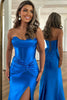 Load image into Gallery viewer, Royal Blue Corset Mermaid Draped Satin Long Prom Dress with Slit