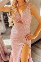Load image into Gallery viewer, Glitter Blush Mermaid V Neck Long Prom Dress With Slit