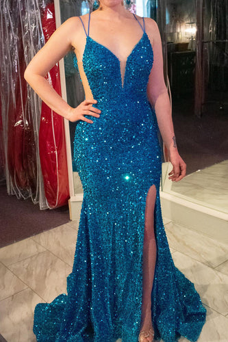 Blue Sequins Mermaid Long Prom Dress With Slit