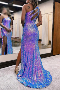 Sparkly Purple Sequins One Shoulder Long Prom Dress with Fringes