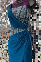 Load image into Gallery viewer, Sparkly Royal Blue Mermaid One Shoulder Long Corset Prom Dress With Slit