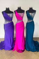 Load image into Gallery viewer, Sparkly Royal Blue Mermaid One Shoulder Long Corset Prom Dress With Slit