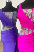 Load image into Gallery viewer, Sparkly Royal Blue Mermaid One Shoulder Long Corset Prom Dress With Slit