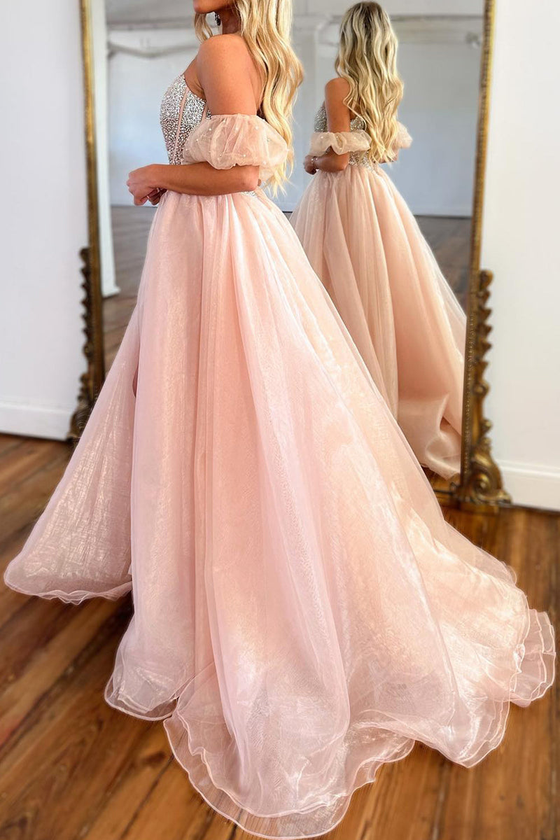 Load image into Gallery viewer, Sparkly Blue Beaded Detachable Short Sleeves A-Line Long Prom Dress with Slit