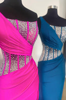 Load image into Gallery viewer, Sparkly Royal Blue Mermaid One Shoulder Long Corset Prom Dress With Slit