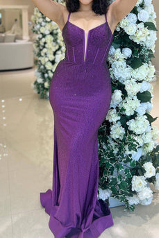 Glitter Dark Purple Mermaid Long Corset Prom Dress