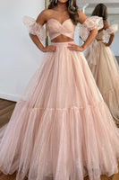 Load image into Gallery viewer, Light Green Two Piece Detachable Sleeves A-Line Long Prom Dress