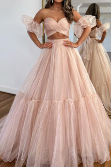 Light Green Two Piece Detachable Sleeves A-Line Long Prom Dress