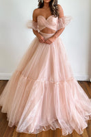 Load image into Gallery viewer, Light Green Two Piece Detachable Sleeves A-Line Long Prom Dress