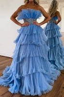 Load image into Gallery viewer, Glitter Blush A-Line Beaded Long Tulle Tiered Prom Dress with Ruffles