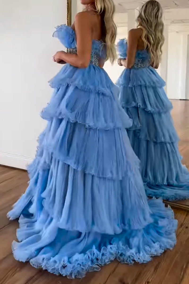 Load image into Gallery viewer, Glitter Blush A-Line Beaded Long Tulle Tiered Prom Dress with Ruffles