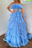 Load image into Gallery viewer, Glitter Blush A-Line Beaded Long Tulle Tiered Prom Dress with Ruffles