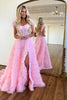 Load image into Gallery viewer, Princess A Line Off the Shoulder Pink Long Prom Dress with Feather