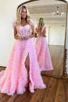 Load image into Gallery viewer, Princess A Line Off the Shoulder Pink Long Prom Dress with Feather