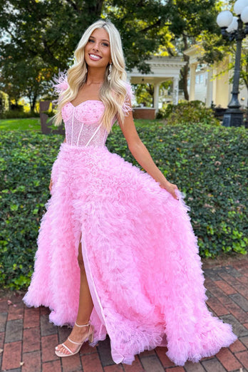 Princess A Line Off the Shoulder Pink Long Prom Dress with Feather