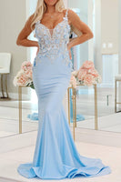 Load image into Gallery viewer, Light Blue Mermaid Long Prom Dress With Appliques