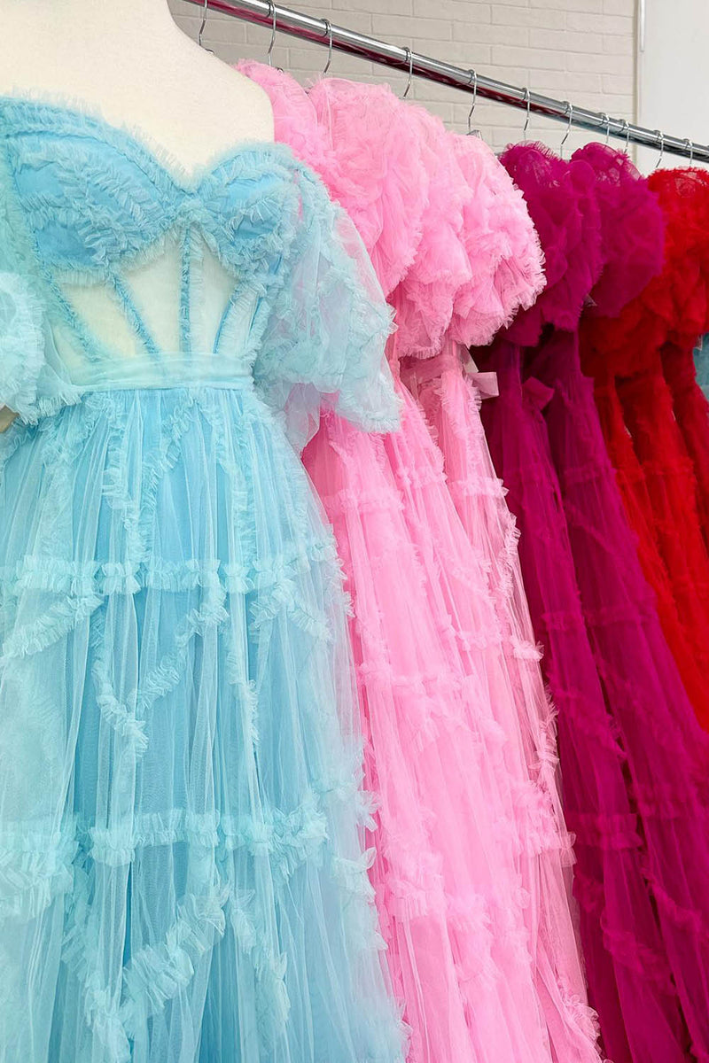 Load image into Gallery viewer, Fuchsia A Line Off the Shoulder Tulle Corset Prom Dress with Bowknot