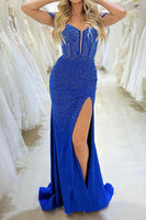 Load image into Gallery viewer, Glitter Royal Blue Mermaid Long Corset Prom Dress With Slit